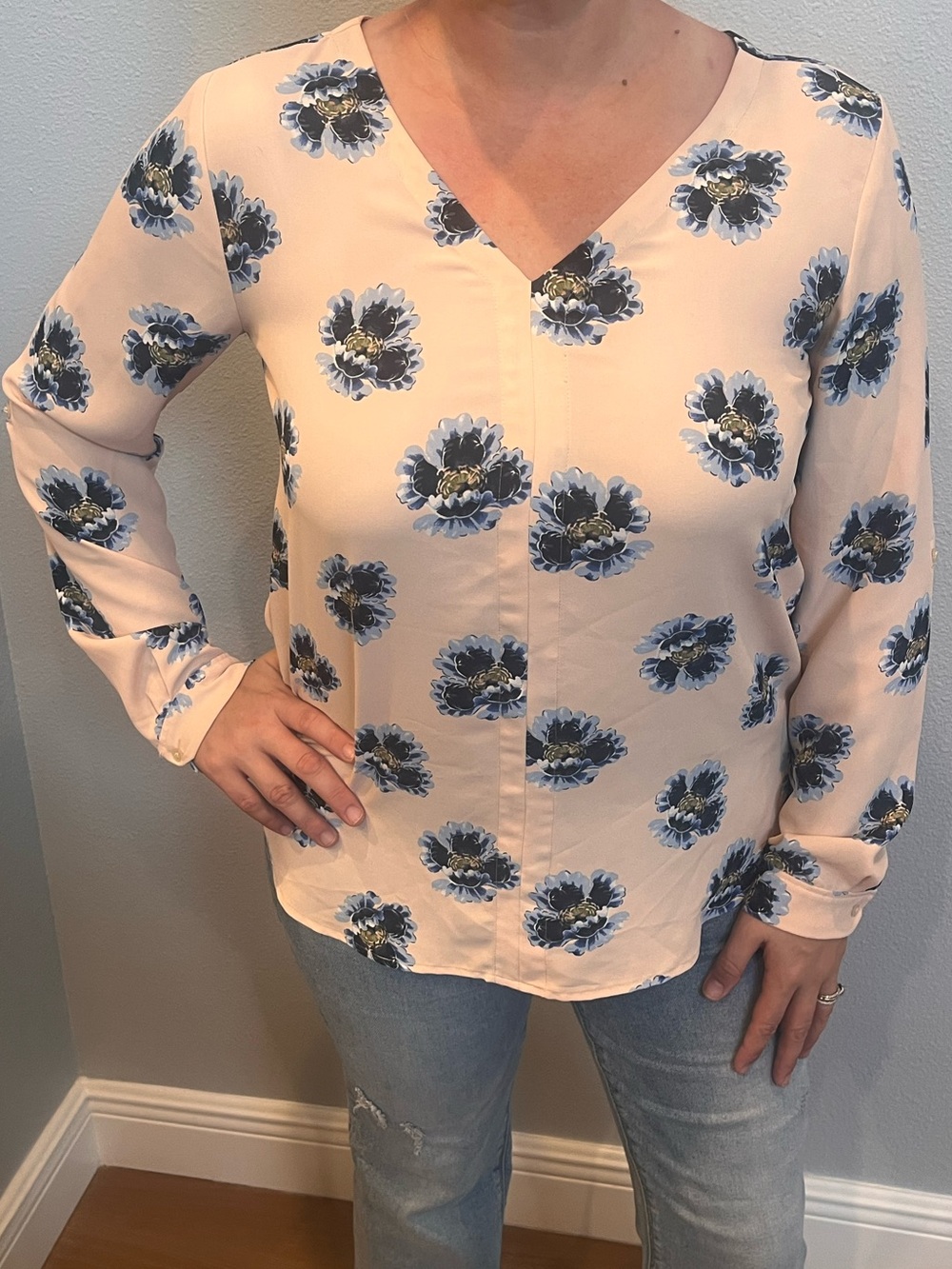 LOFT Blush Pink Blue Floral V-Neck Long Sleeve Blouse | Size M